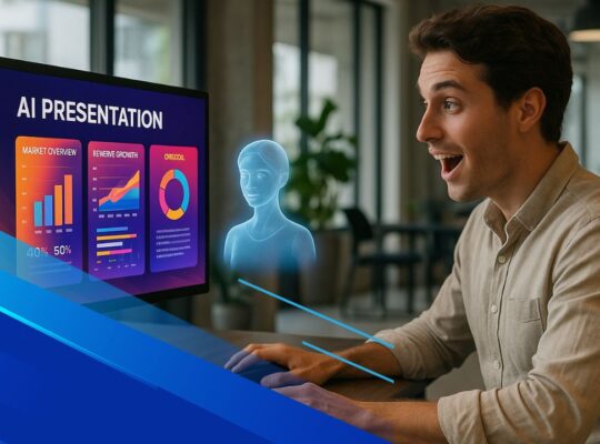 Professionista guarda una presentazione creata con AI su monitor in ufficio moderno
