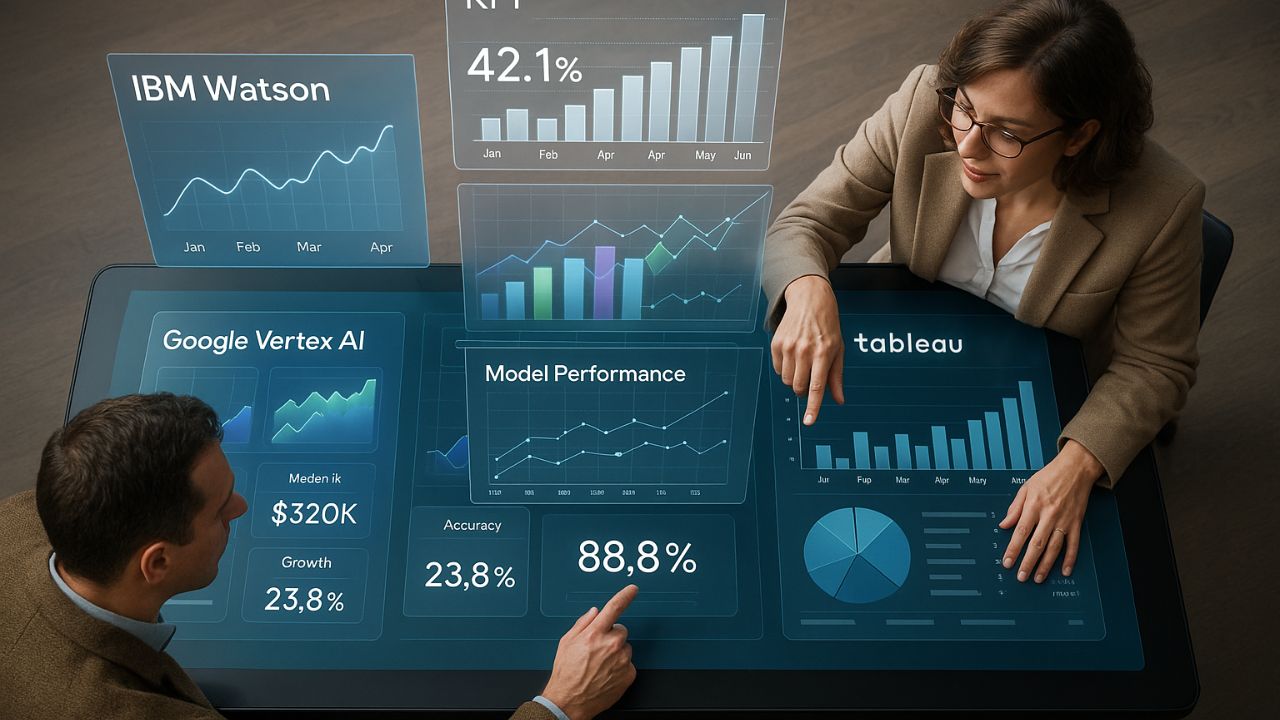Professionisti discutono su un tavolo digitale interattivo con strumenti AI come Watson, Google Vertex e Tableau attivi in AR.