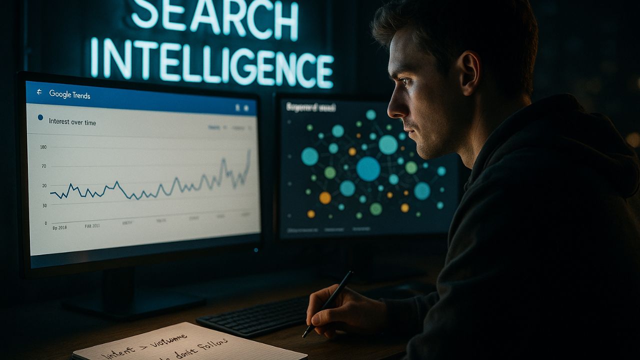 Specialista SEO lavora in ambiente tech con schermi che mostrano l’evoluzione delle keyword e trend predittivi alimentati da AI.