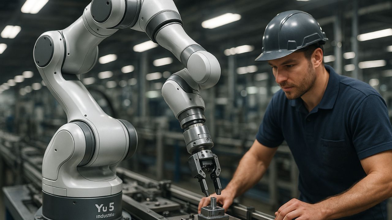 Cobot Yu 5 Industrial che lavora accanto a un operaio in linea di produzione