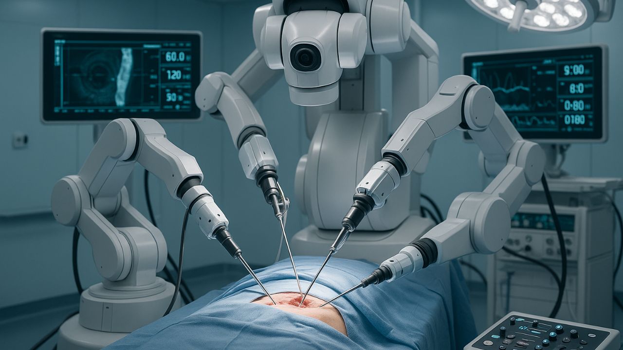 Robot chirurgico guidato da AI durante intervento in sala operatoria moderna