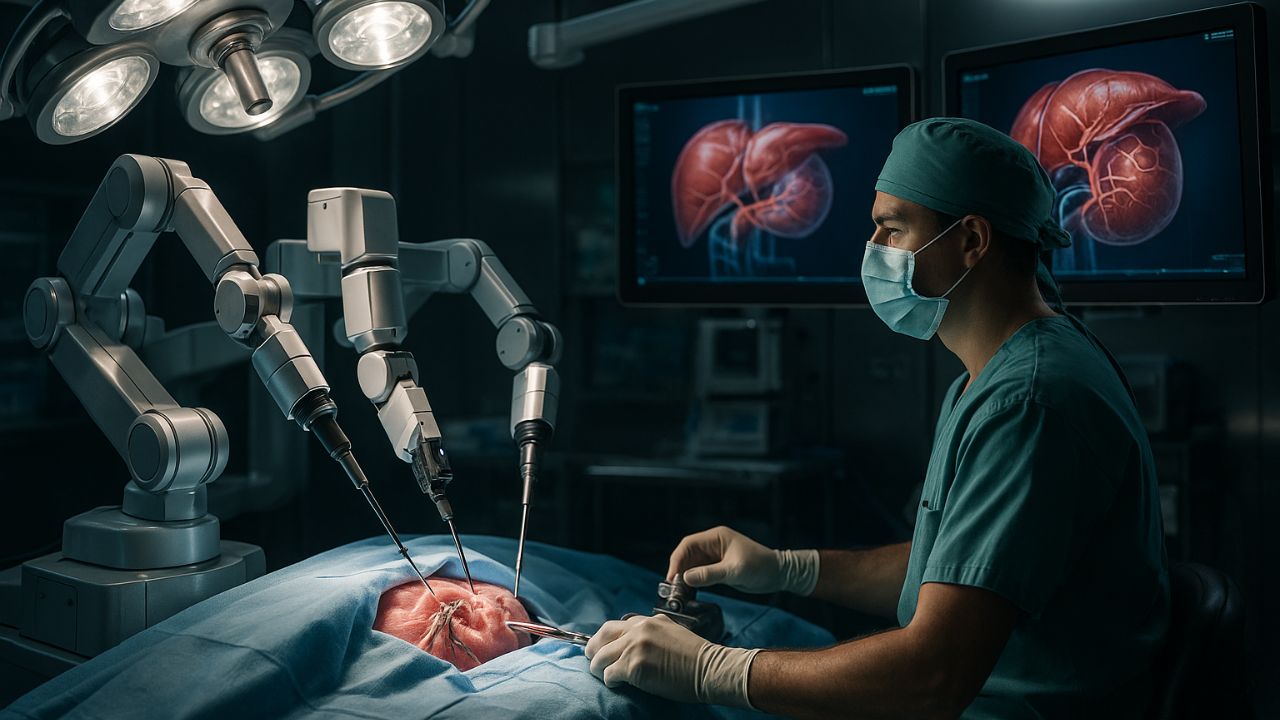 Robot chirurgico assistito da IA in una sala operatoria moderna