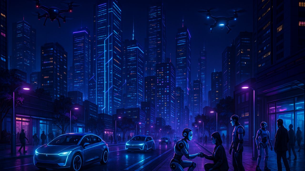 Smart city futuristica con veicoli autonomi, droni e robot nelle strade