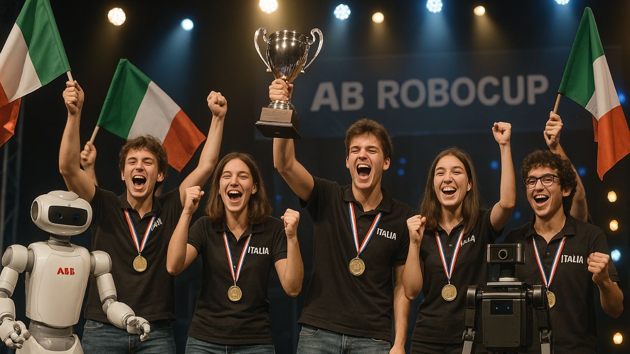 Studenti italiani vincitori della RoboCup con robot autonomi sul palco