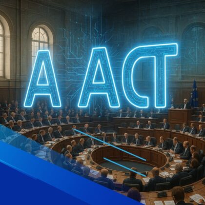 Assemblea del Parlamento Europeo con ologramma AI Act in evidenza