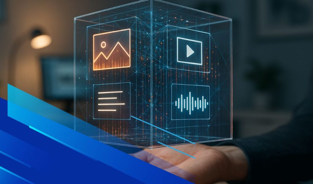 Interfaccia AI generativa che crea video, immagini, testi e suoni in una rete neurale tridimensionale