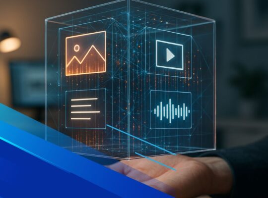 Interfaccia AI generativa che crea video, immagini, testi e suoni in una rete neurale tridimensionale