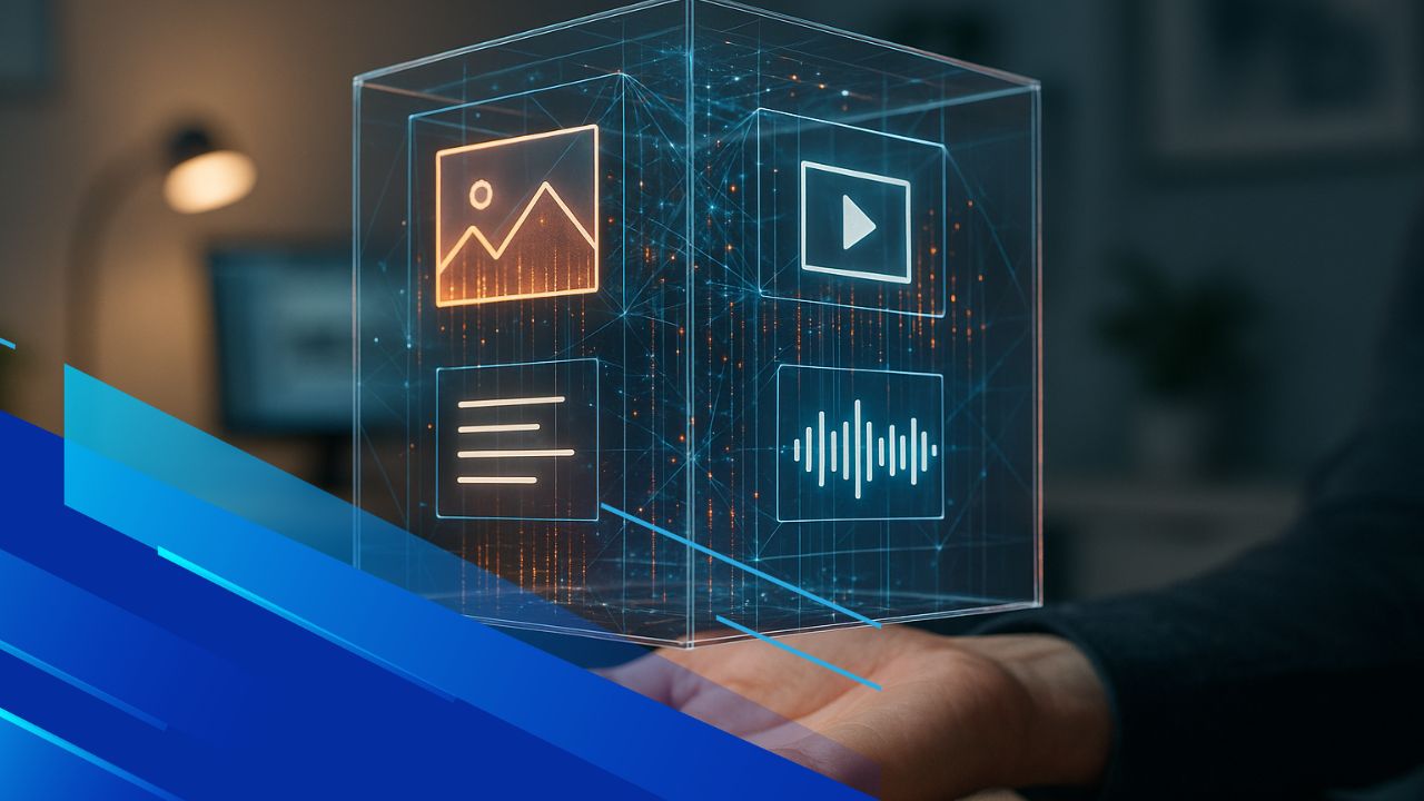 Interfaccia AI generativa che crea video, immagini, testi e suoni in una rete neurale tridimensionale