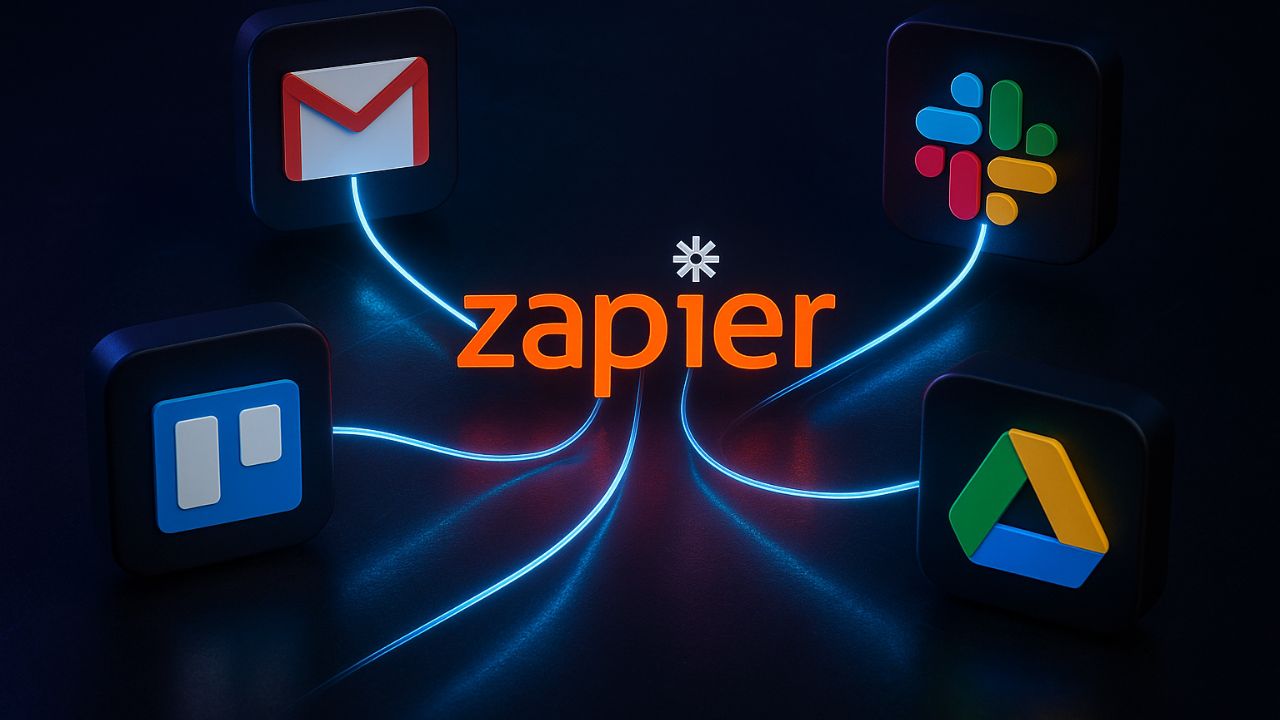 Flusso di automazioni digitali con Zapier che integra diverse applicazioni