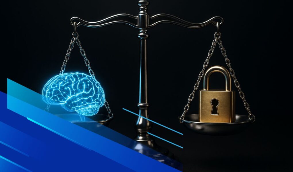 Bilancia di giustizia con cervello digitale e lucchetto che rappresentano AI e GDPR
