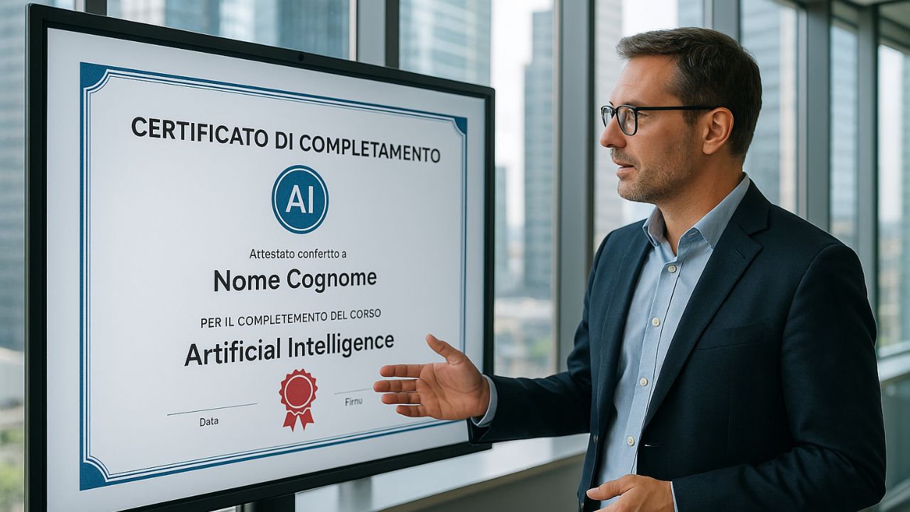 Professionista che riceve certificazione AI online nel 2025 su schermo interattivo