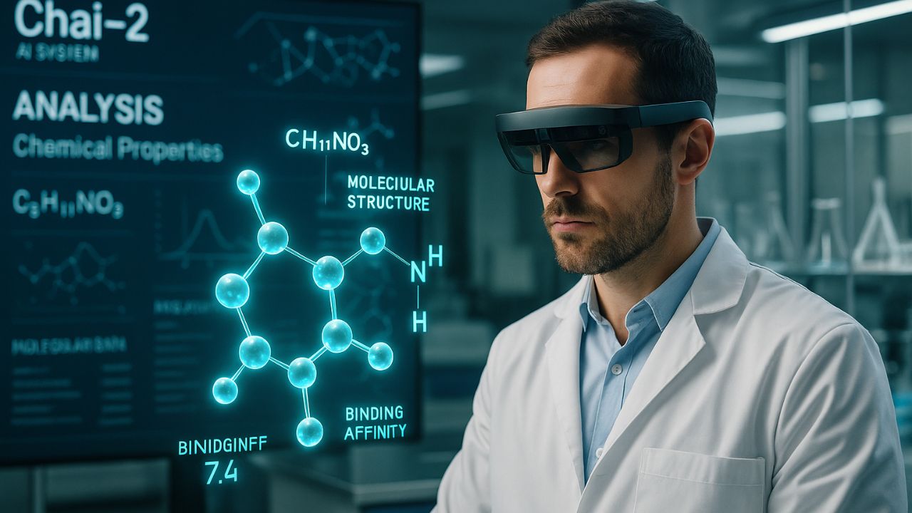Scienziato osserva una molecola generata da AI nel laboratorio Chai Discovery