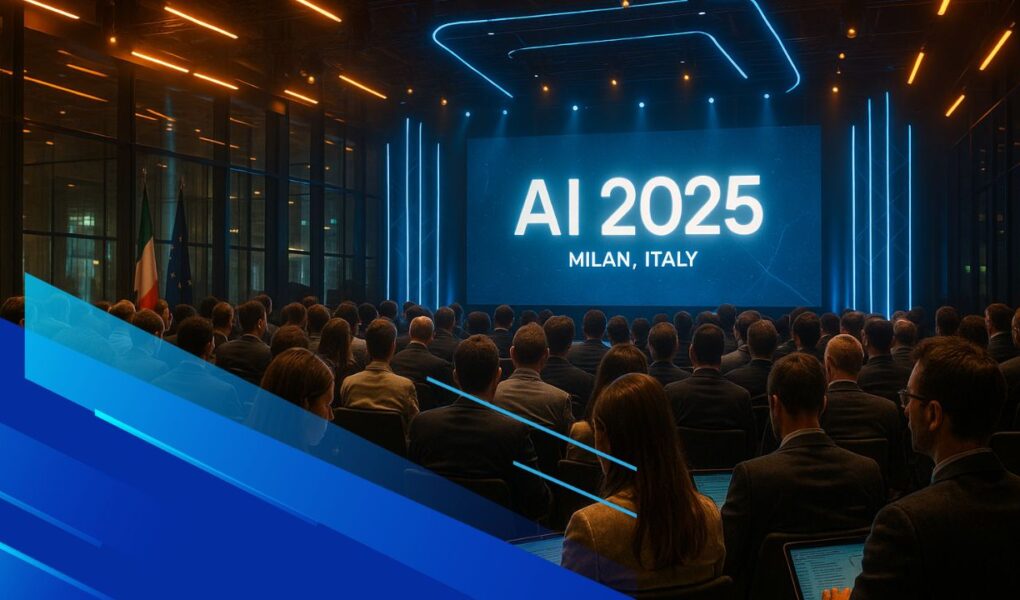 Conferenza sull’intelligenza artificiale a Milano nel 2025 con platea e palco futuristico