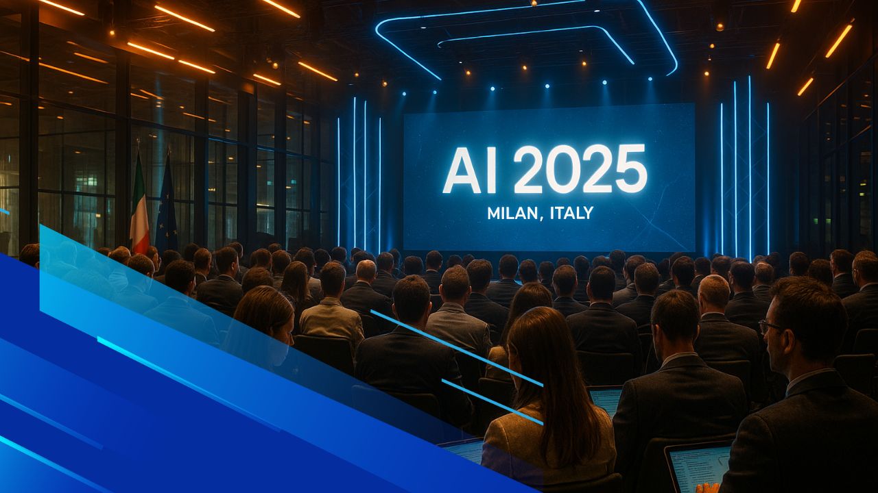 Conferenza sull’intelligenza artificiale a Milano nel 2025 con platea e palco futuristico