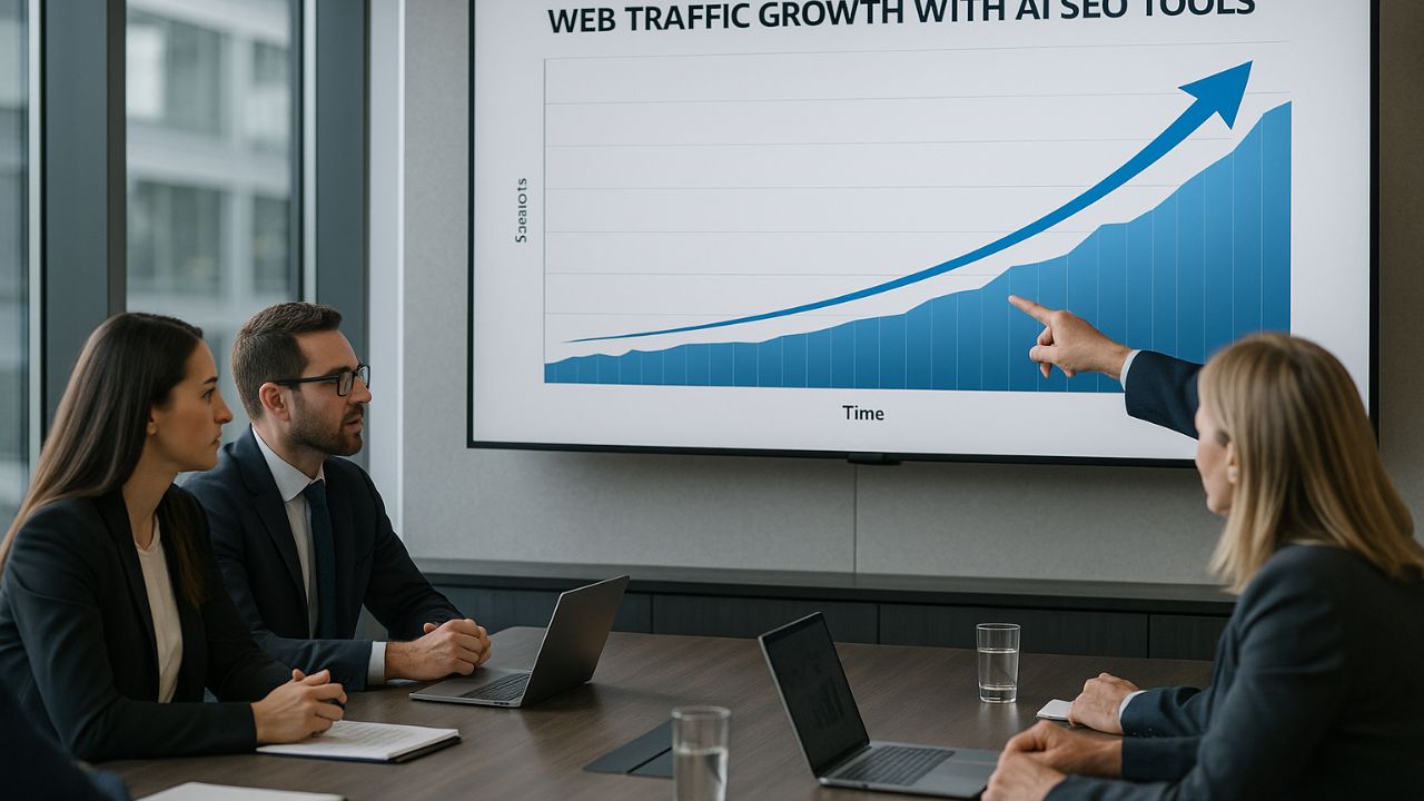 Sala riunioni con grafico che mostra la crescita del traffico web grazie alla SEO con AI