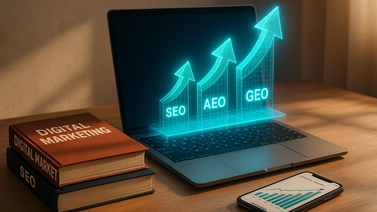 Illustrazione concettuale dell’evoluzione della SEO da tradizionale a AEO e GEO
