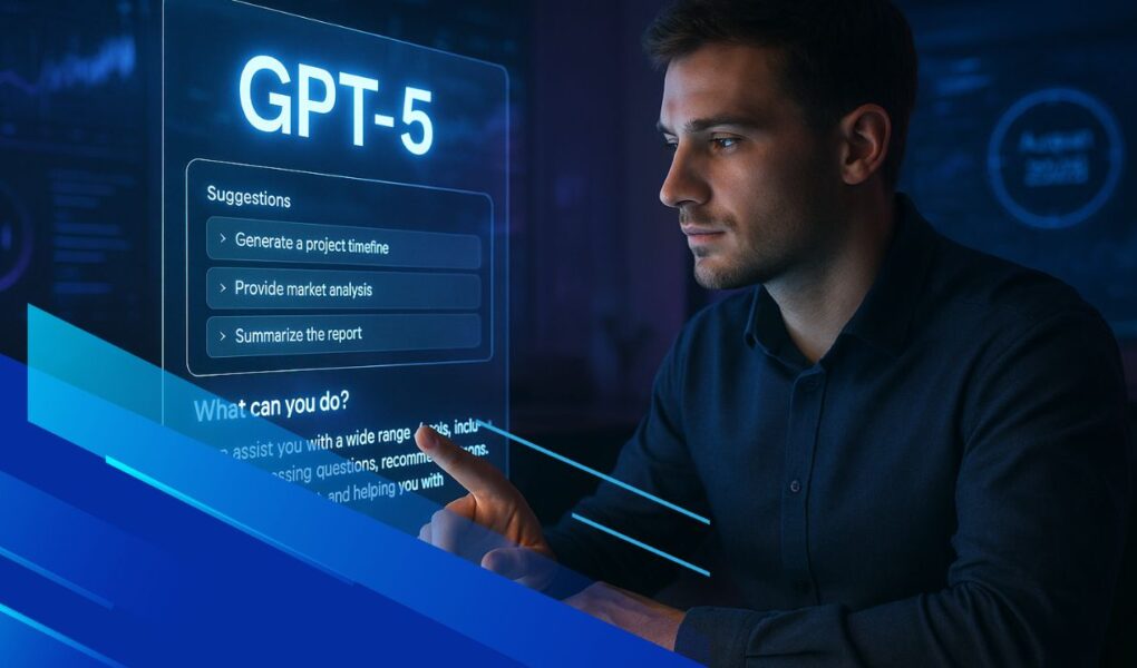 Interfaccia di GPT‑5 in ambiente futuristico con utente al lavoro