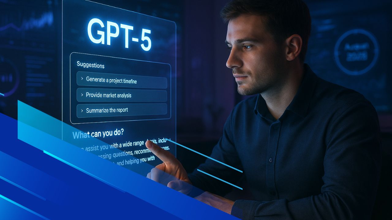 Interfaccia di GPT‑5 in ambiente futuristico con utente al lavoro