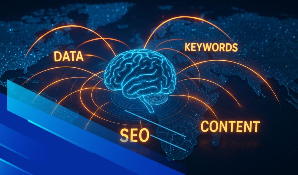 Rappresentazione visiva dell’intelligenza artificiale che elabora strategie SEO globali