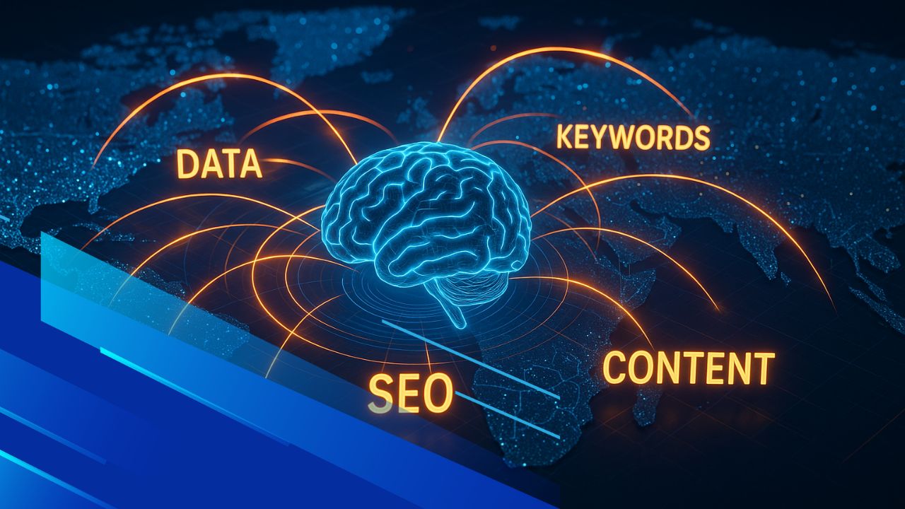Rappresentazione visiva dell’intelligenza artificiale che elabora strategie SEO globali