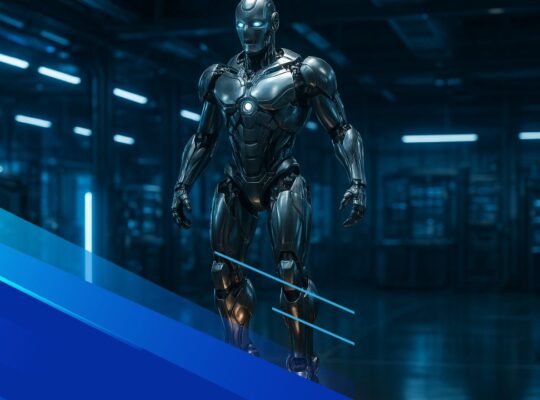 Robot umanoide iRonCub3 che vola con turbine a getto in laboratorio futuristico