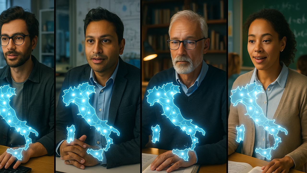 Professionisti che selezionano una conferenza AI da una mappa interattiva dell’Italia