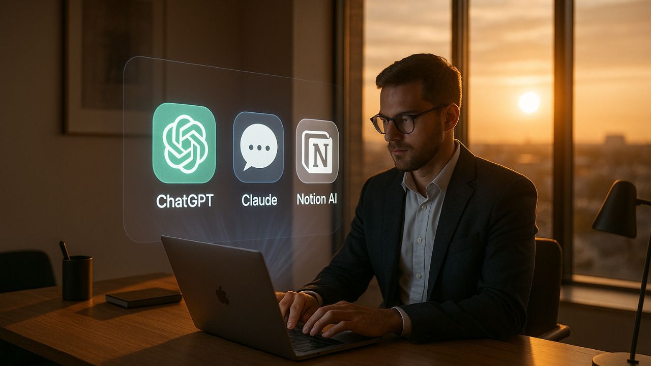 Ufficio moderno con interfaccia AI olografica e strumenti per la produttività