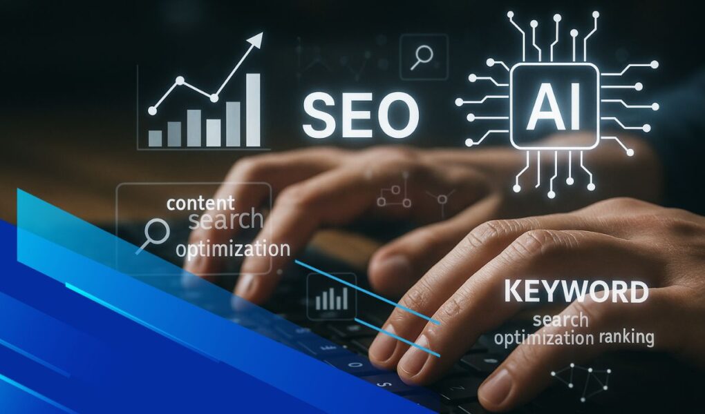 Mani al computer con overlay grafici SEO e icone AI futuristiche