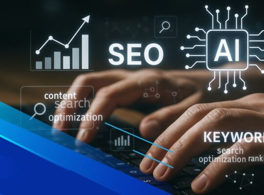 Mani al computer con overlay grafici SEO e icone AI futuristiche
