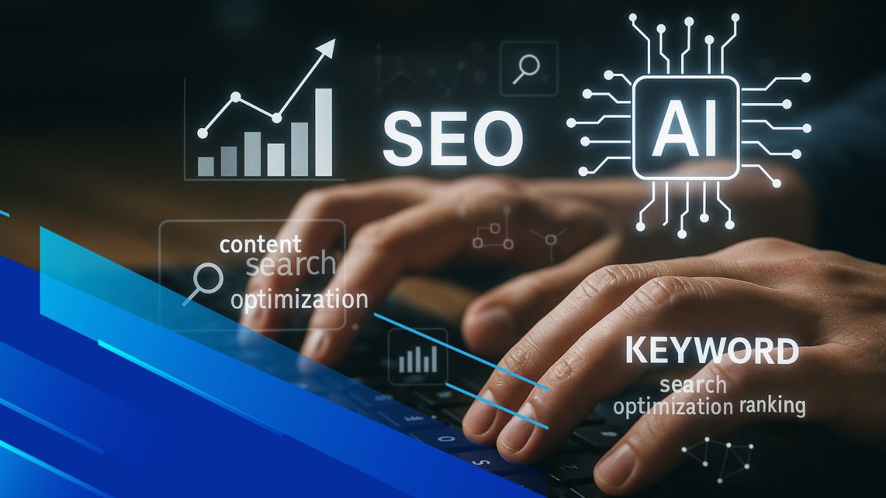 Mani al computer con overlay grafici SEO e icone AI futuristiche