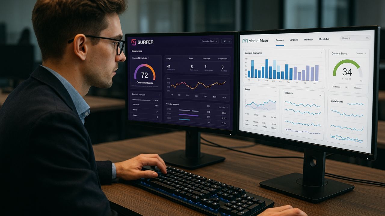 Professionista che analizza contenuti SEO con strumenti AI su più schermi