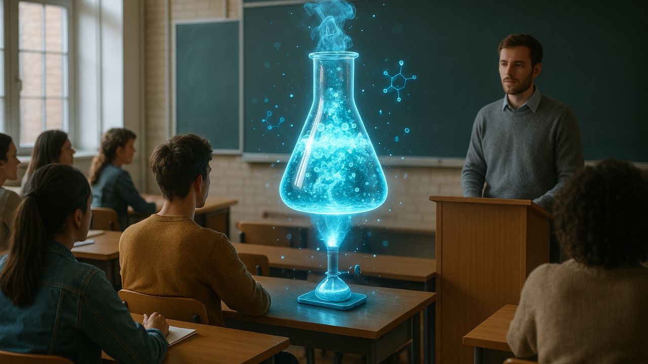 studenti in aula osservano un ologramma scientifico creato dall’intelligenza artificiale
