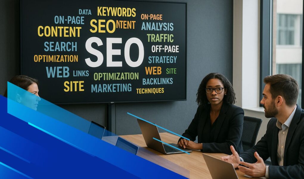 Team in brainstorming su cluster di keyword SEO con supporto AI