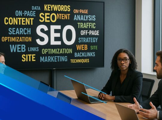 Team in brainstorming su cluster di keyword SEO con supporto AI