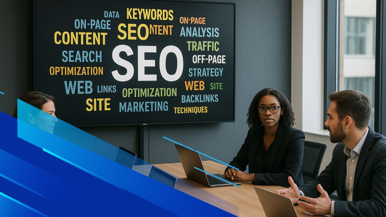 Team in brainstorming su cluster di keyword SEO con supporto AI