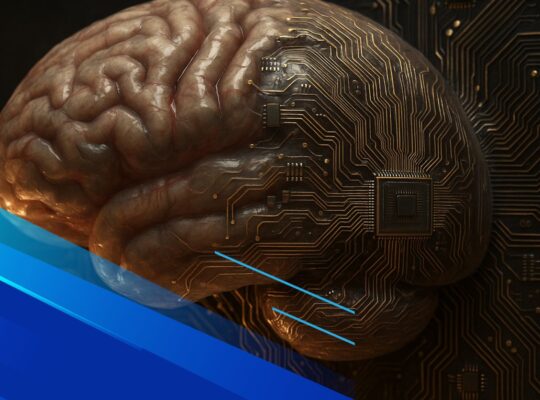 Cervello umano connesso a circuiti elettronici in stile ultra realistico, simbolo dell’AGI