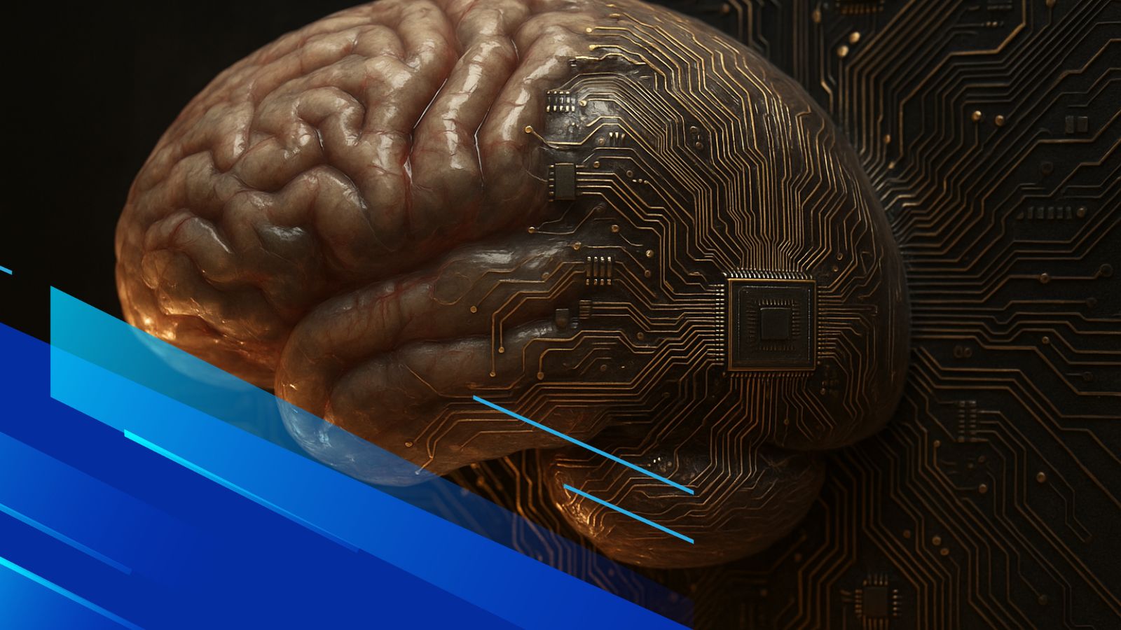 Cervello umano connesso a circuiti elettronici in stile ultra realistico, simbolo dell’AGI