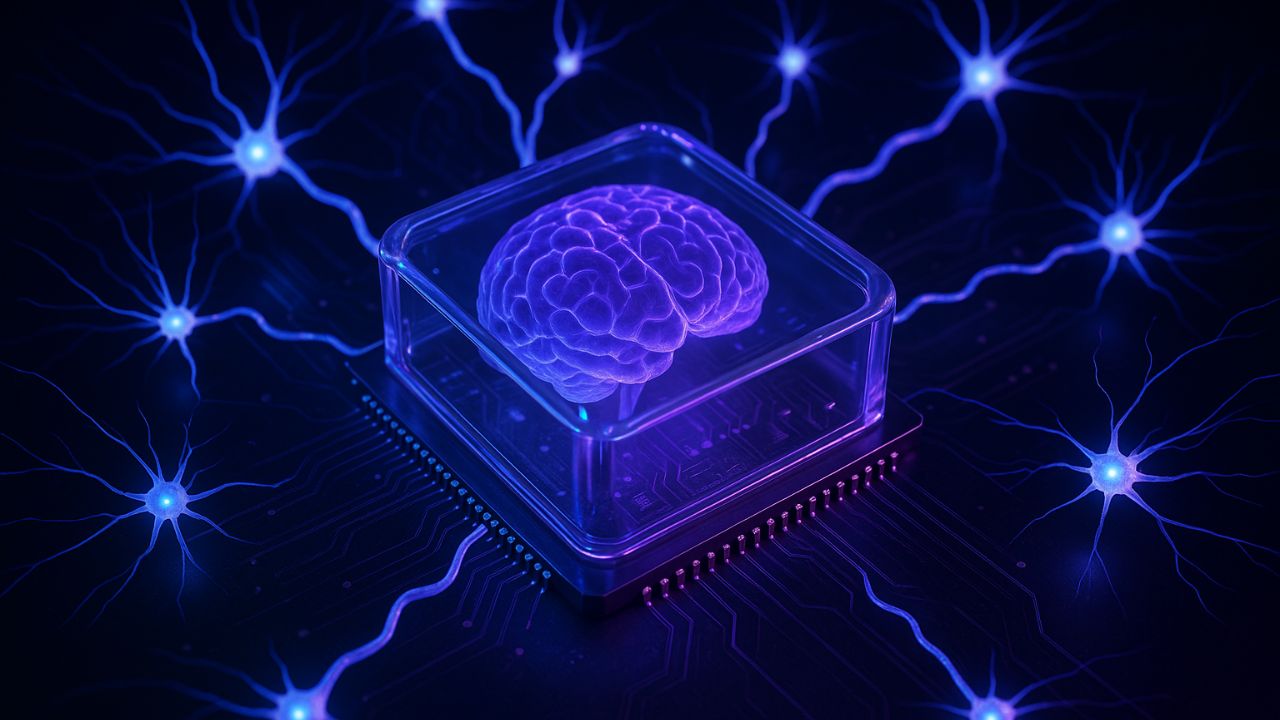Chip neuromorfico con connessioni neurali luminose in stile futuristico