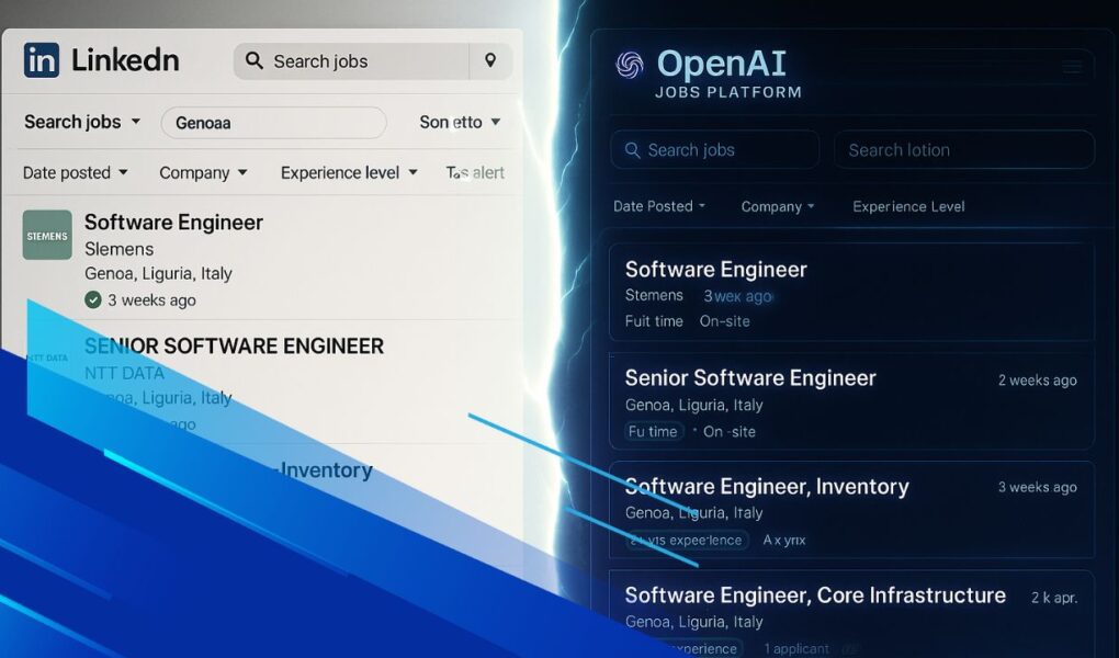 Confronto tra OpenAI Jobs Platform e LinkedIn con interfacce a confronto