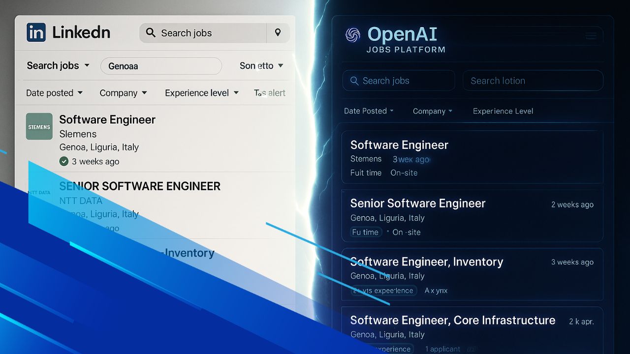 Confronto tra OpenAI Jobs Platform e LinkedIn con interfacce a confronto