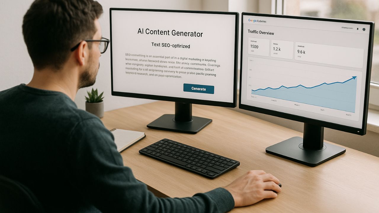 Copywriter che utilizza AI per scrivere articoli SEO con monitor e grafici di performance