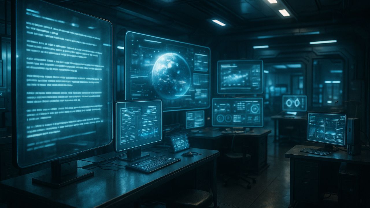 laboratorio futuristico con schermi che trasformano testo in video con stile ultrarealistico