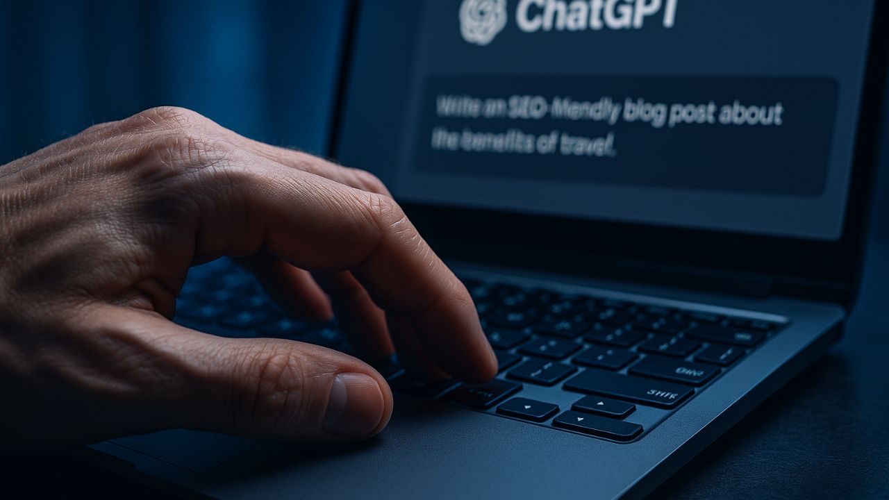 Mano su tastiera mentre genera un prompt SEO con ChatGPT