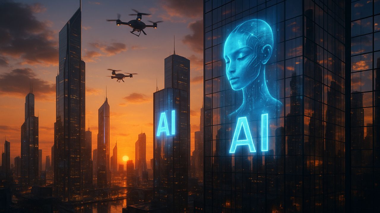 Città futuristica con ologrammi di AI e droni, simbolo dell’impatto dell’AGI sulla società
