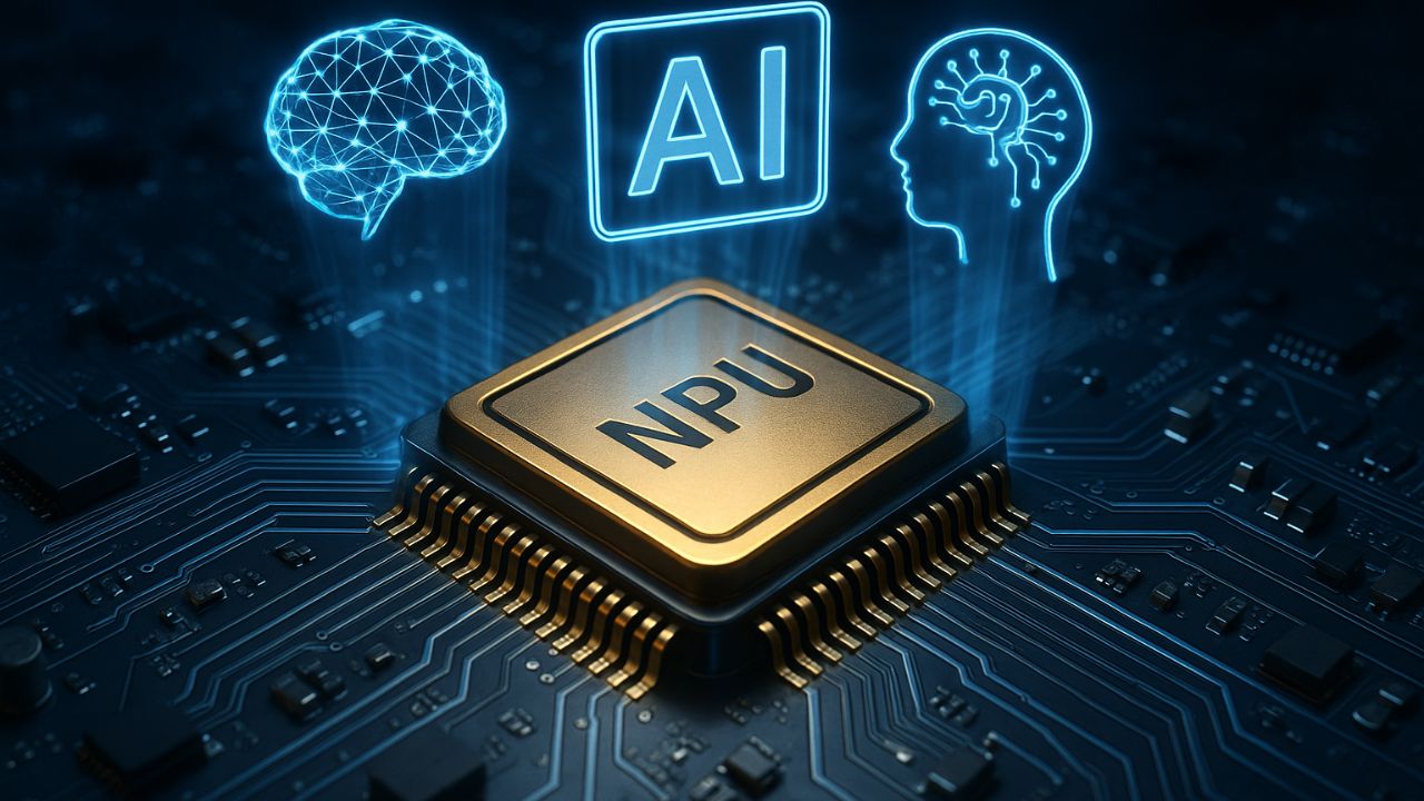 NPU raffigurata come microchip AI con ologrammi tecnologici