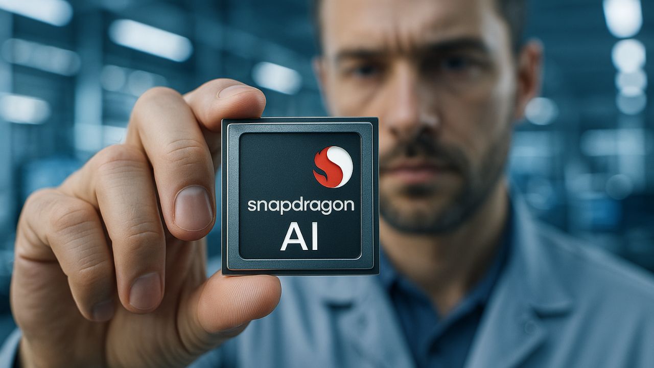 Tecnico tiene in mano chip Snapdragon AI in laboratorio futuristico