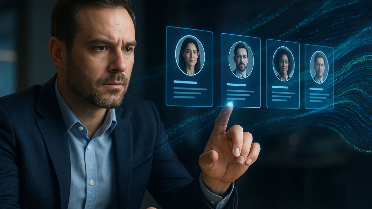 Recruiter che utilizza intelligenza artificiale per selezionare candidati tramite ologrammi
