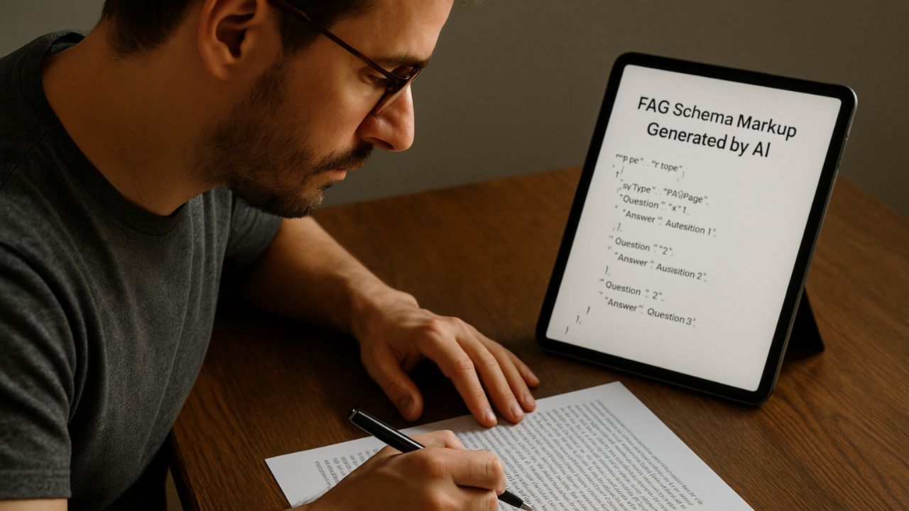 Copywriter che rivede un articolo SEO con supporto di AI e markup FAQ