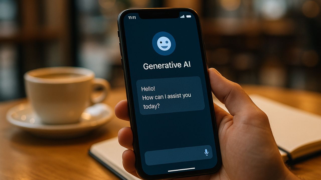 Smartphone che mostra un assistente AI on-device in un ambiente realistico