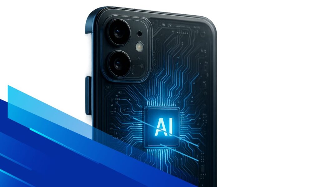 Smartphone con chip AI visibile e circuiti luminosi in stile realistico